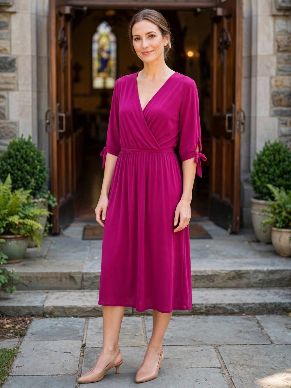 Lane Bryant Fuchsia Tie-Sleeve Wrap Midi Dress